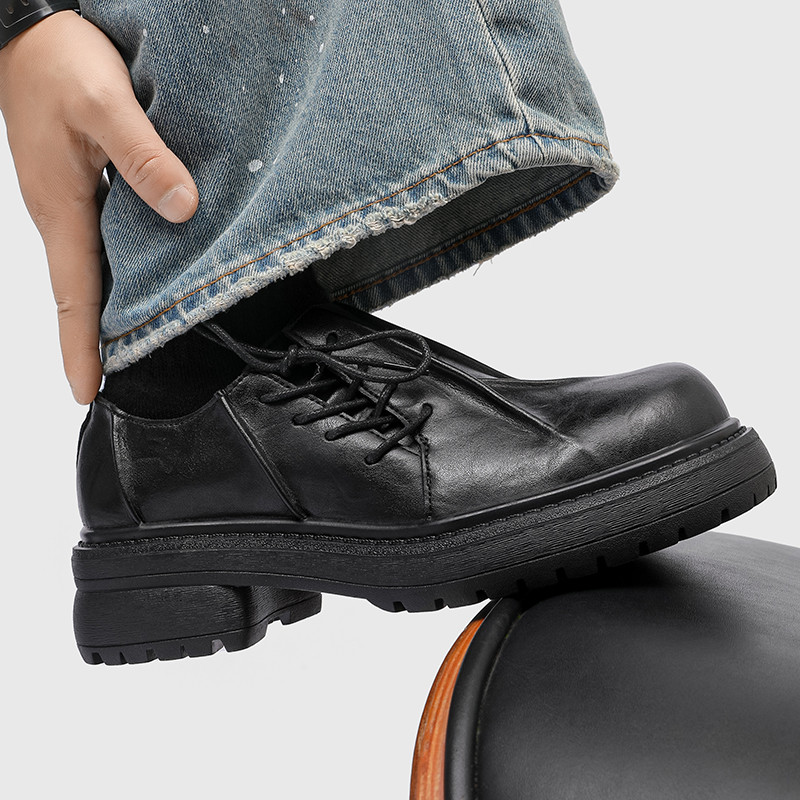 รองเท้า Cleanfit Black Derby สําหรับผู้ชาย - Retro Chunky Sole Big Toe Leather-Like Oxfords, รองเท้าลําลองมีสไตล์สําหรับสวมใส่ในสํานักงานทุกวัน