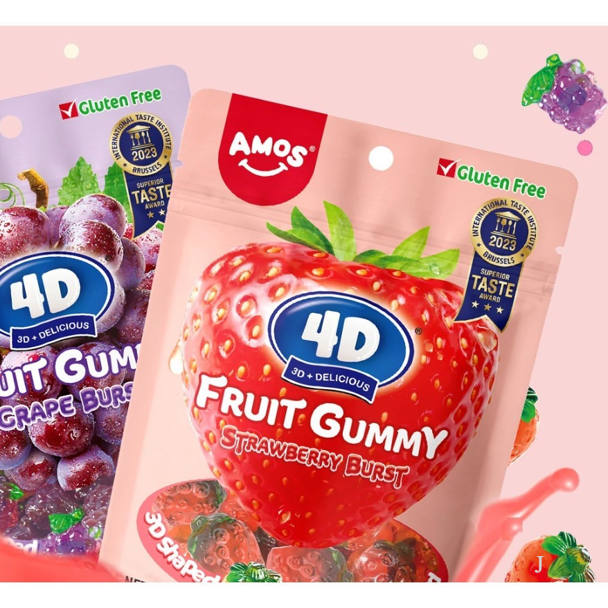 Amos 4D Fruit Gummy เอมอส กัมมี่จุซซี่เบิสท์ 2 รสชาติให้เลือก (เกรป&สตรอเบอร์รี่)