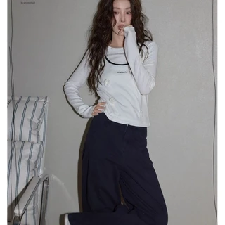 micki~ผู้หญิง ขาว คอกลม แขนยาว เสื้อยืด สายเดี่ยว เสื้อ