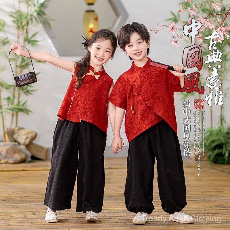 เด็กชุด Hanfu สำหรับฤดูร้อน ชุดเครื่องแต่งกายโบราณแขนสั้น Tang และCheongsam สไตล์ใหม่