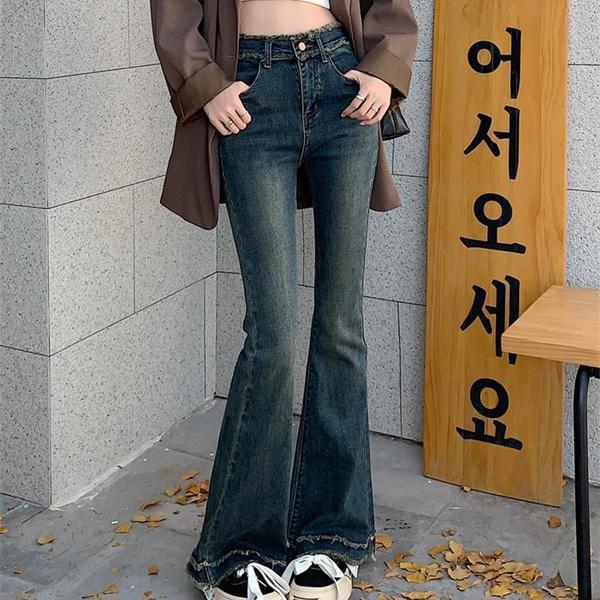 กางเกงขาม้า กางเกงวอร์ม baggy jeans หญิง 536#网红外穿毛边修身显瘦直筒微喇叭裤牛仔裤女春秋小个子