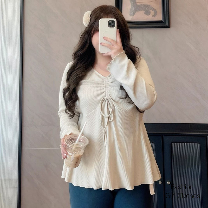 เสื้อยืดผู้หญิงแขนยาวแบบหลวมสำหรับฤดูใบไม้ผลิและฤดูใบไม้ร่วง มีสายรัดเอวให้ลุคเรียบร้อย