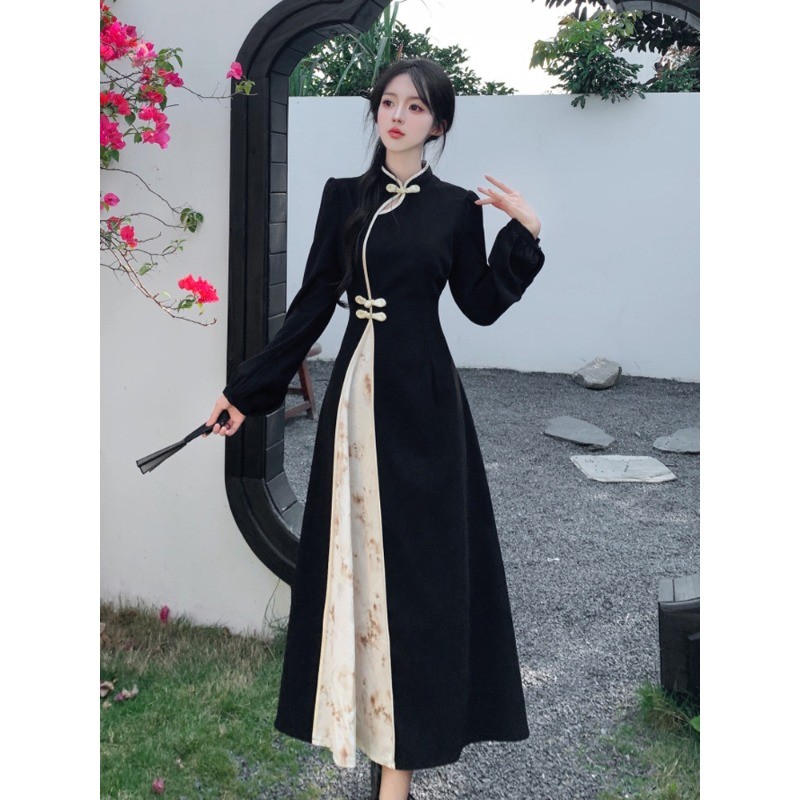 (ส่งจากกรุงเทพฯ)กี่เพ้าประยุกต์ ผู้หญิง รูปยาวสไตล์จีนใหม่ ชุดผู้หญิง สีดำ สีขาว สัมมัติ สีขาว - รูปที่ 2