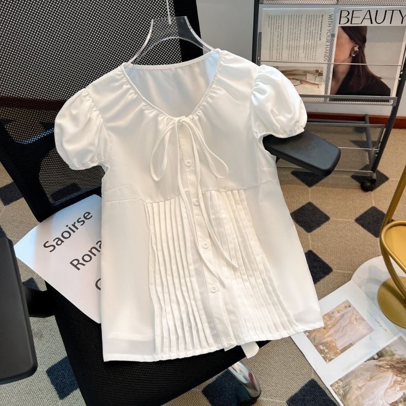 Dahong เสื้อเชิ้ตแขนสั้นสีขาว สไตล์เรียบง่าย เวอร์ชั่นเกาหลี สไตล์สั้นด้านบน w569