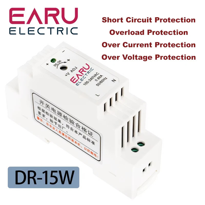 DR-15 15W อินพุต 100-240V AC เอาต์พุต DC 12V 24V 1.25A 0.63A อุตสาหกรรม DIN Rail Switching Power Sup