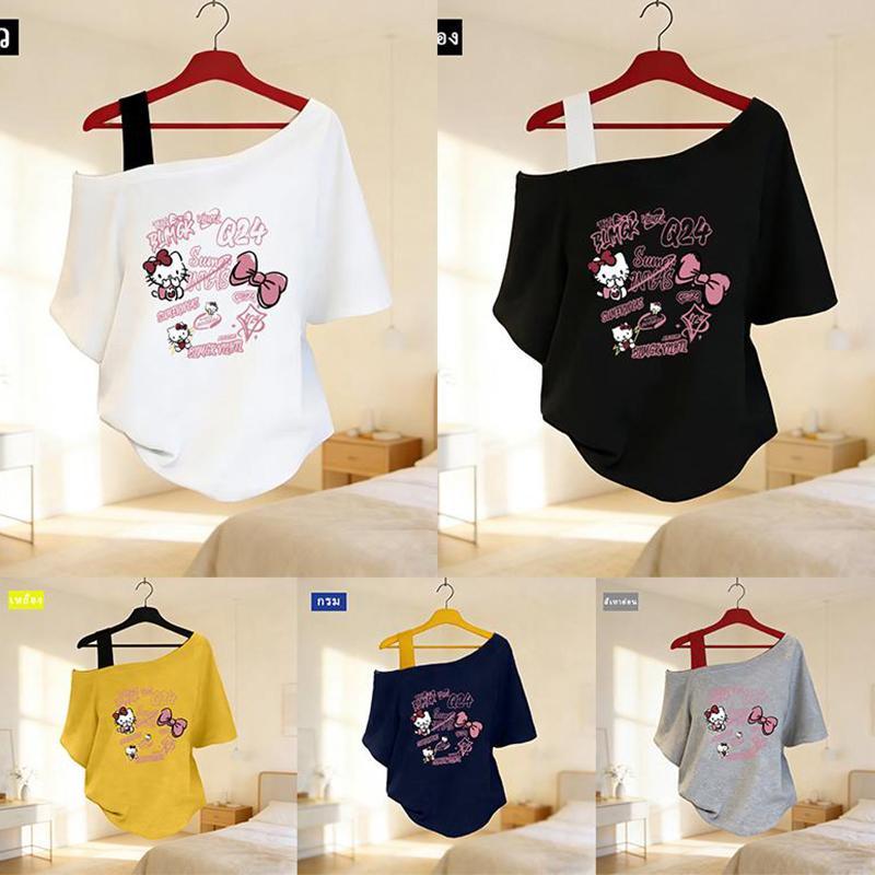 M-3XL Hello Kitty พิมพ์ลายหวาน เสื้อผ้าแฟชั่นตามกระแส เสื้อเชิ้ต T ของสาวอ้วน เสื้อสไตล์อเมริกัน เสื้อผ้าวินเทจหญิงเท่ๆ