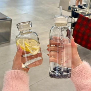 ขวดน้ำแก้ว 500 ml ขวดแก้ว + ฝา สีใส พร้อมหลอด แบบพกพา สะดวก มีขีดแบ่งเวลาดื่มน้ำ ส่งเร็วมาก