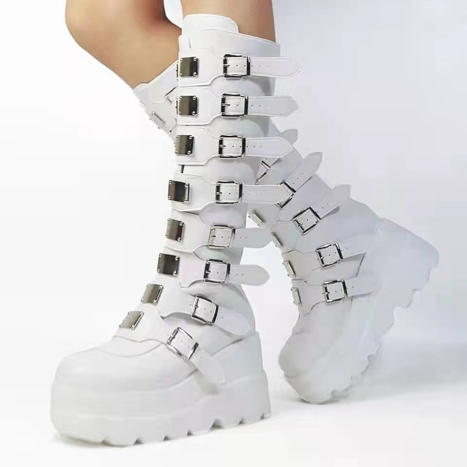 New style women's high-heeled boots with metal buckle and thick sole, available in large sizes batemi