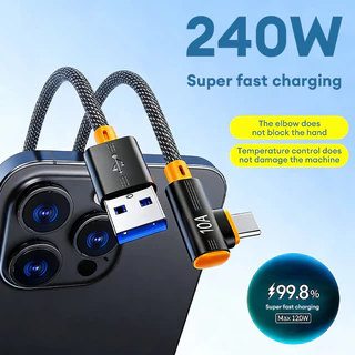 240W 10A สายชาร์จ USB to Type-C ชาร์จเร็วพิเศษ หัวงอ 90° สายเคเบิลข้อมูลแบบถักเหมาะสำหรับชาร์จมือถือ และอุปกรณ์หลากหลาย
