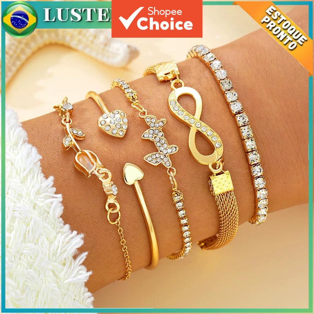 ชุดกําไลข้อมือประดับเพชรลายผีเสื้อหัวใจสีทอง 6 ชิ้น - เครื่องประดับสตรี - ของขวัญ