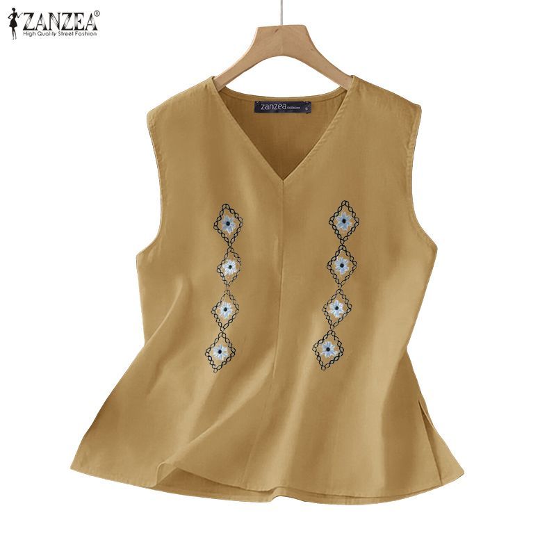 ZANZEA สไตล์เกาหลียุคเก่า V-neck Sleeveless Dress ผ้าฝ้ายผสมลินิน-printed