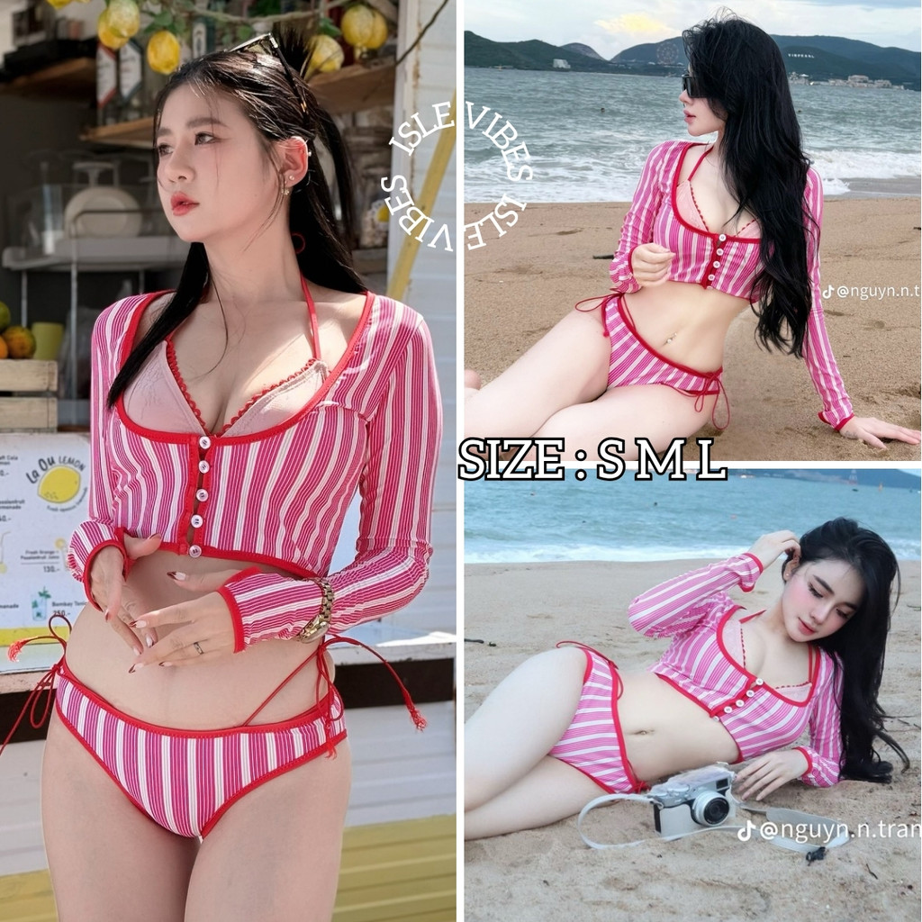 ISLE VIBES ชุดใส่ไปทะเลน่ารักๆ ชุดว่ายน้ำ 3 ชิ้น กางเกง ชุดว่ายน้ำแขนยาว 🦋 มีไซส์ M-XL | น้ำหนัก 40-65 กก. Y164