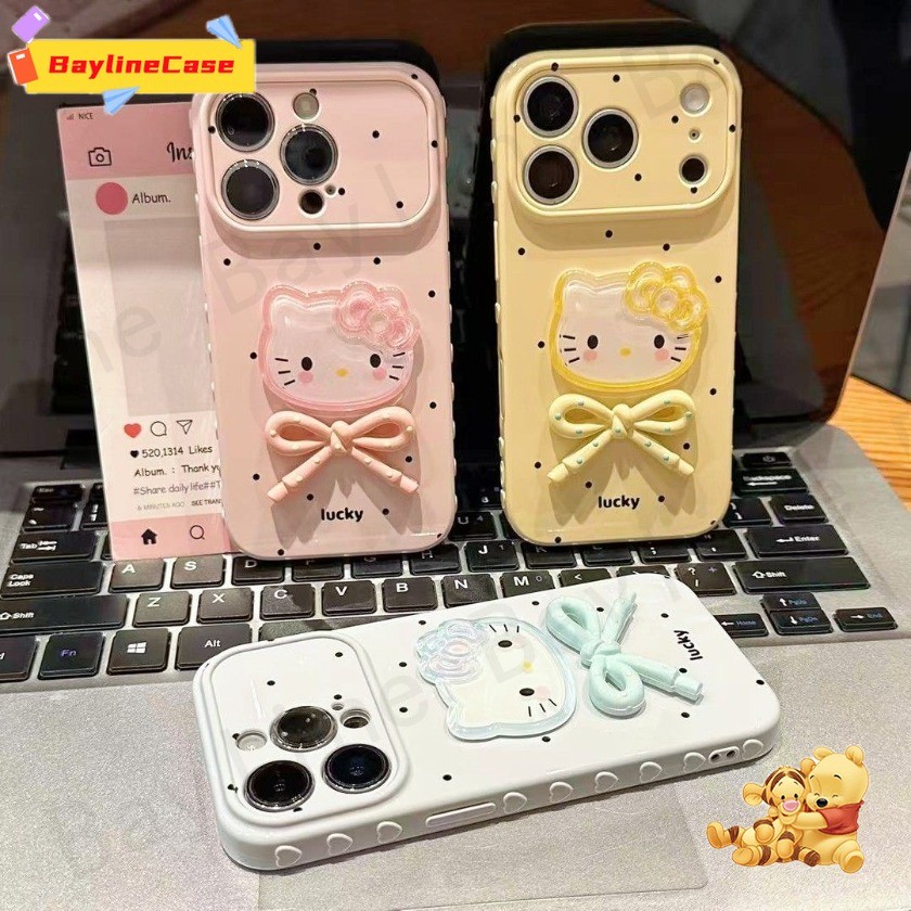 ขายร้อนสีครีม 3D Hello Kitty Bow Tie หัวใจยกขอบเคสโทรศัพท์เข้ากันได้กับ iPhone 17 16 15 14 13 12 11 Pro Max X Xr Xs Max 8 7 Plus Cover