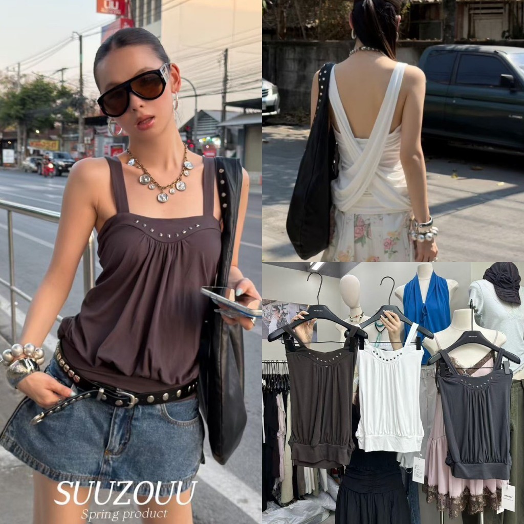 ❤ 🧵 🇰🇷 SU106 เสื้อสายเดี่ยว แต่งอะไหล่สีเงิน ผ้ามีน้ำหนัก ทิ้งตัวสวย ทรงสวย ผ้าดีใส่สบาย แฟชั่นเกาหลี TAG MM Fish 🧡