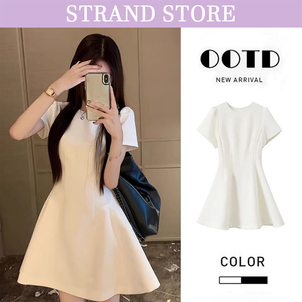 STRAND เดรสเอวสูงทรงเอสีเรียบ เดรสดำคลาสสิกสไตล์เกาหลี เดรสแขนสั้น 3 สี S-XL X11005