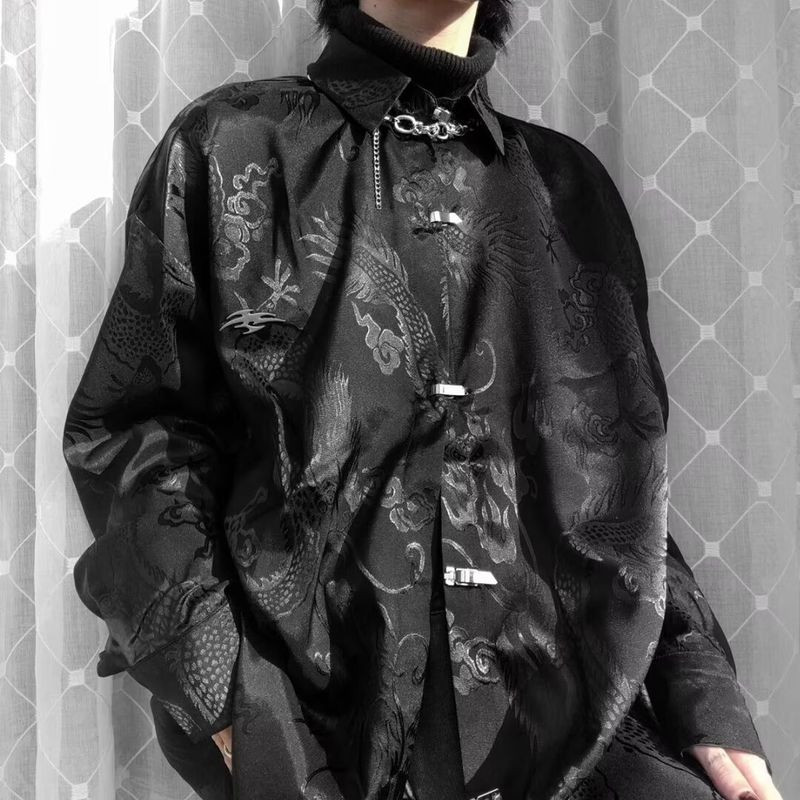 TIANLESIWEI เสื้อเชิ้ตแขนยาวลายมังกรสไตล์จีนใหม่เสื้อเชิ้ตดีไซน์แฟชั่น