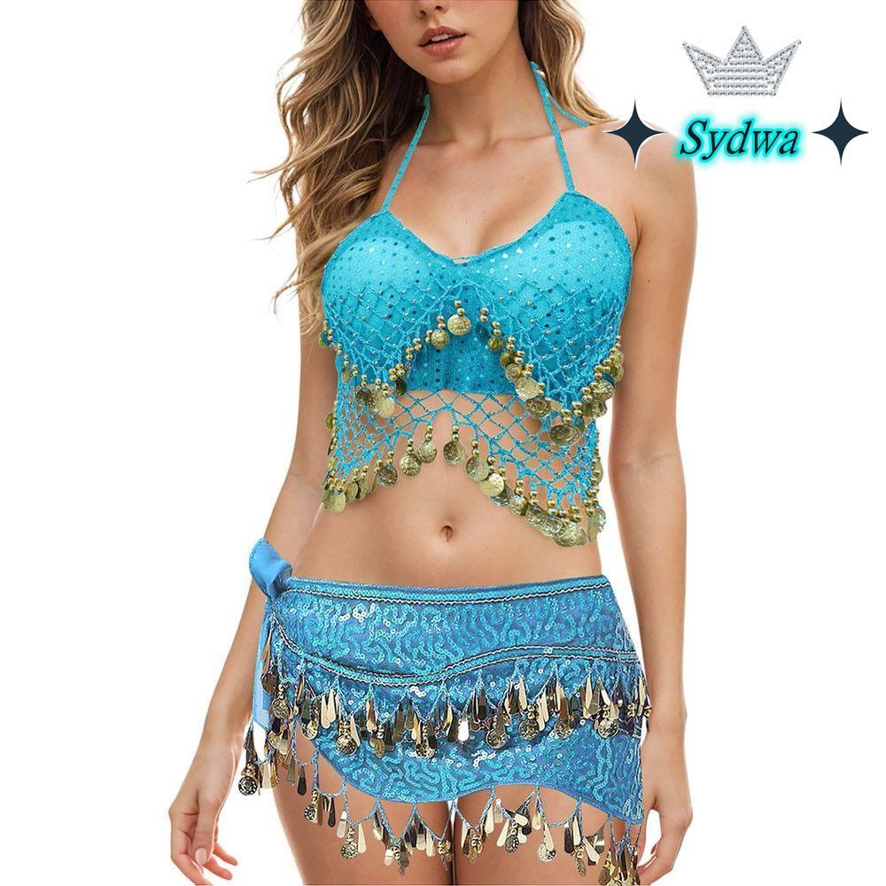 SYDWA Belly Dance Bra, Shiny Halter Neck Latin Dance Top, Charming Sleeve Dance Wear Tassel Stage Pe