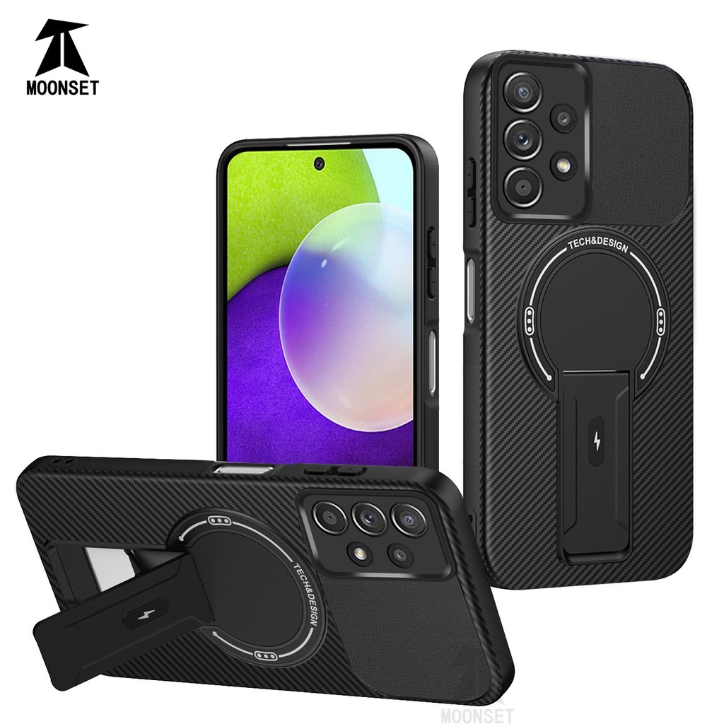 สําหรับSmasung Galaxy A52 / A52s / A12 / M12 กรณีคาร์บอนTakecture Hardกลับขอบนุ่มขาตั้งพับได้กันกระแทกAnti-drop Slimฝาครอบบาง