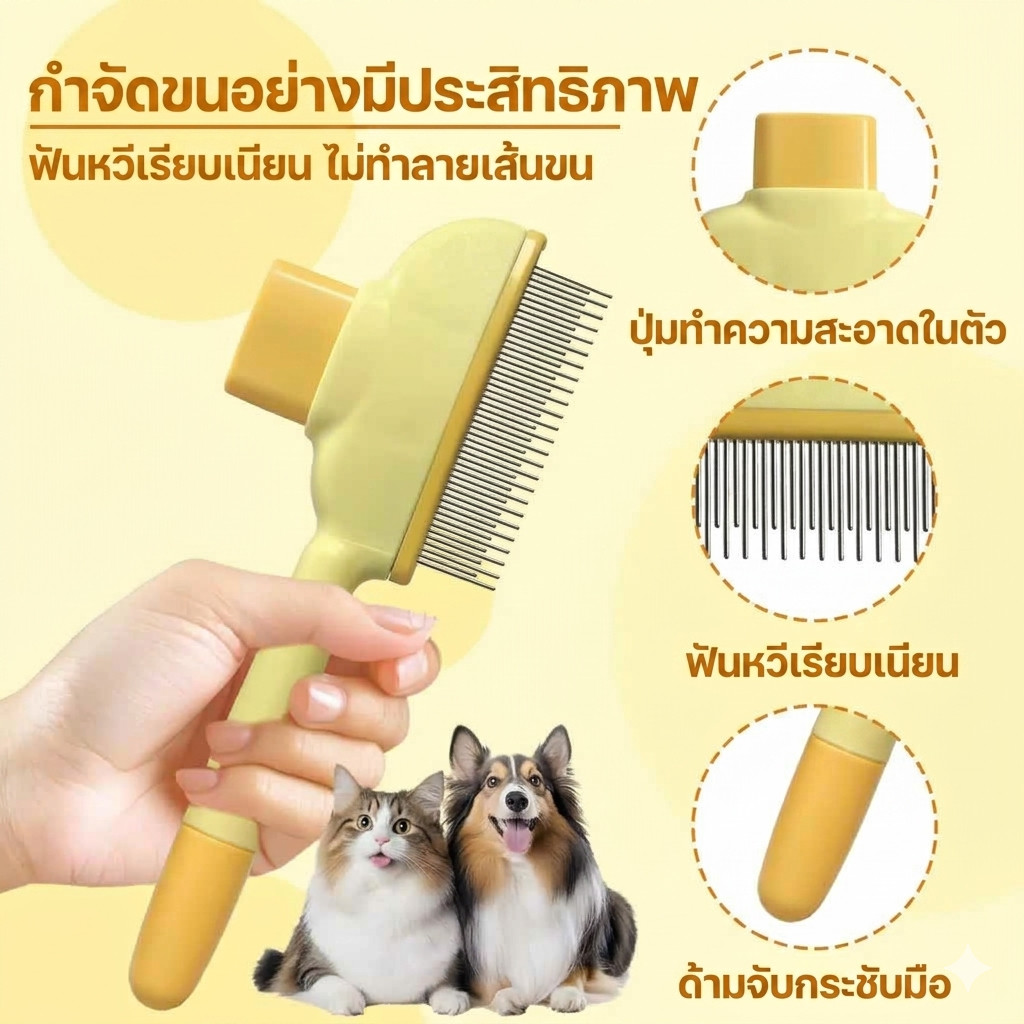หวีสัตว์เลี้ยง หวีหมัดแมว หวีเห็บหมัด หวีสุนัข มีปุ่มกดเพื่อดันขนออก สางขน อุปกรณ์ดูแลขนสุนัข