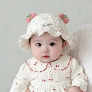 หมวกเด็ก หมวกกันแดดเด็ก หมวกบักเก็ตเด็ก ลูกไม้ โบว์หวาน ปีกกว้าง ระบายอากาศ เด็กผู้หญิง