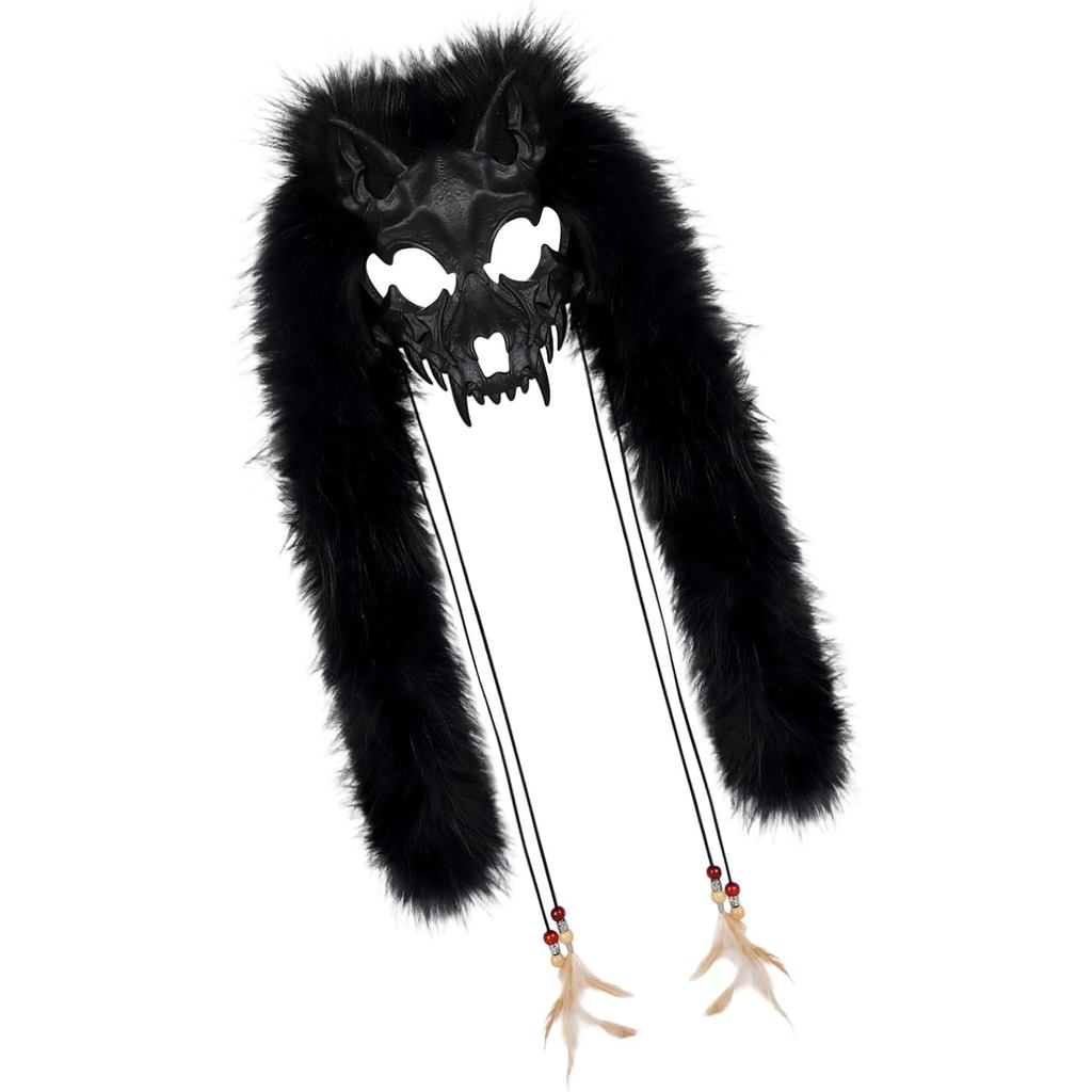 Furry Wolf Mask Faux Fur Vikinges Foxes Wendigo Headpiece สําหรับฮาโลวีนมนุษย์หมาป่าเครื่องแต่งกาย B