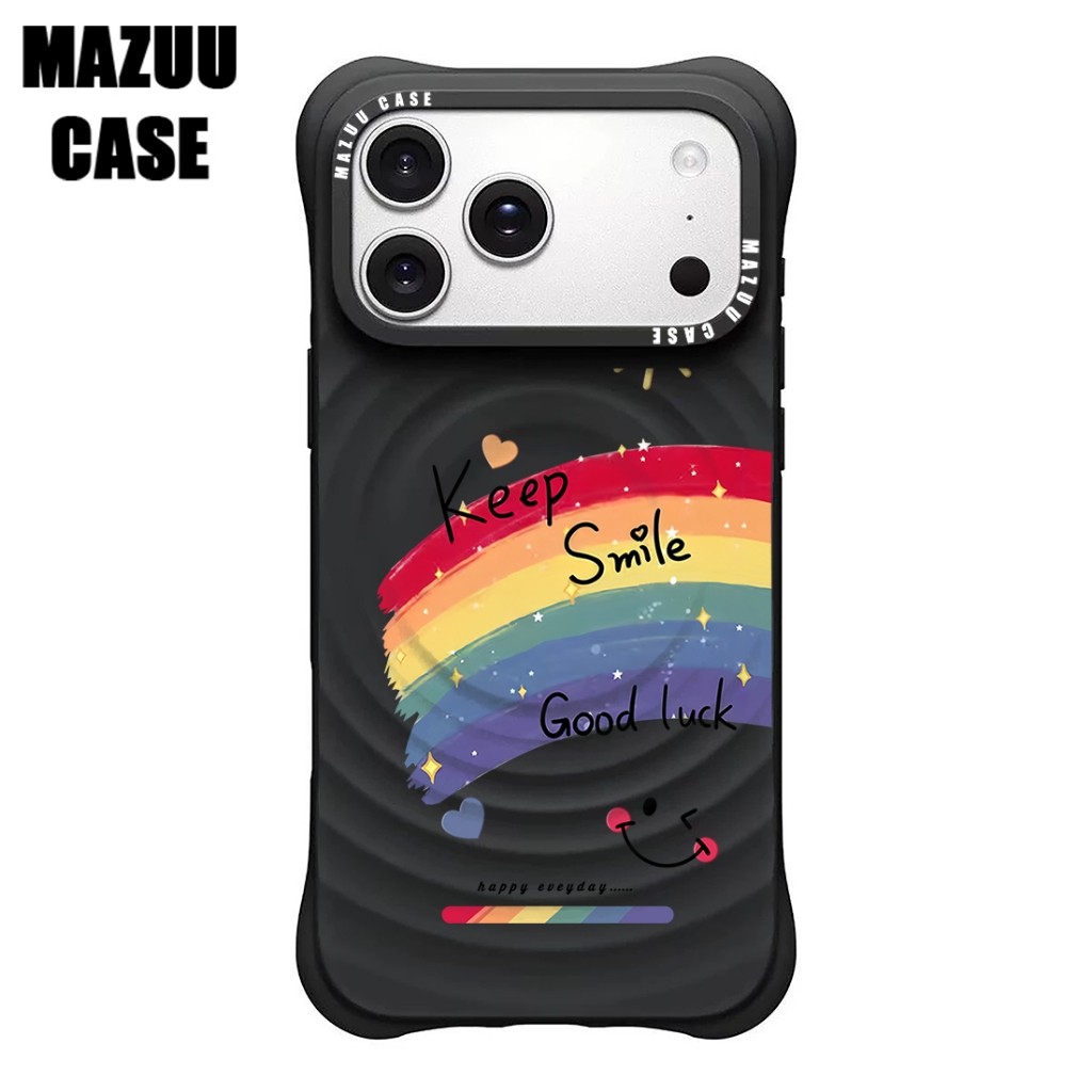 เคสไอโฟน แม่เหล็ก ลอนคลื่น มุมหนากันกระแทก ซิลิโคนดำ ลายรุ้งสวยงาม ทันสมัย iPhone 17 16 15 14 13 Pro Max