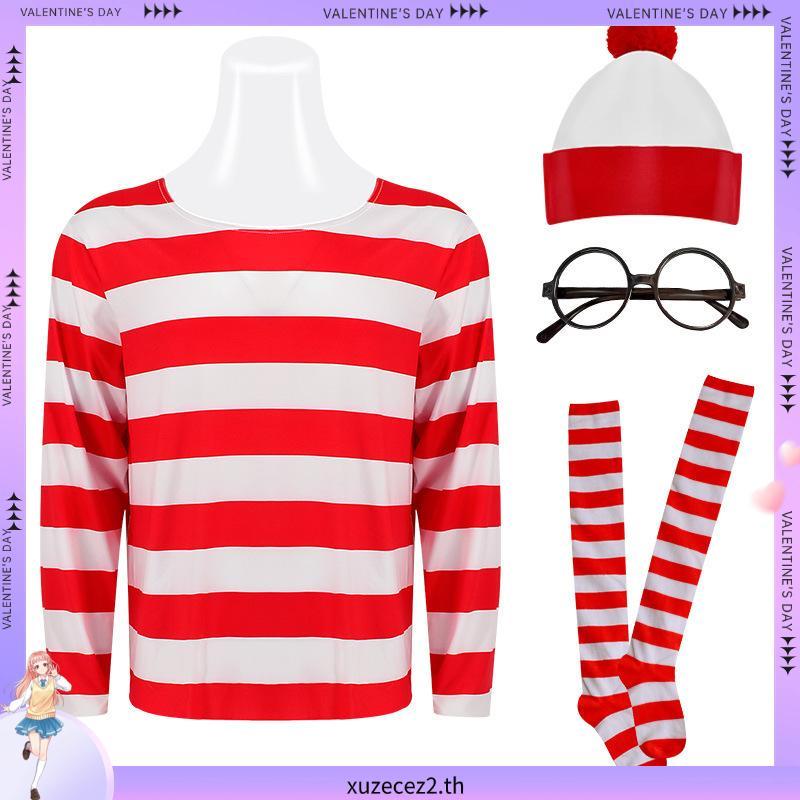 การ์ตูน Where Is Wally Waldo คอสเพลย์เครื่องแต่งกาย Waldo Book Week เครื่องแต่งกายปาร์ตี้ฮาโลวีนแฟนซ