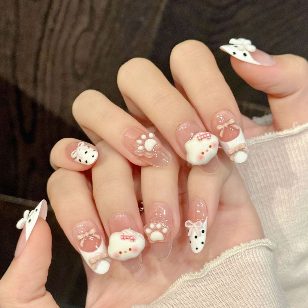 5in1 Toolkit + HADMADEPress On Nails Pink Nude Cloud 3D Polka Dot Bow Phototherapy เล็บปลอมเล็บเทียมนํากลับมาใช้ใหม่ได้