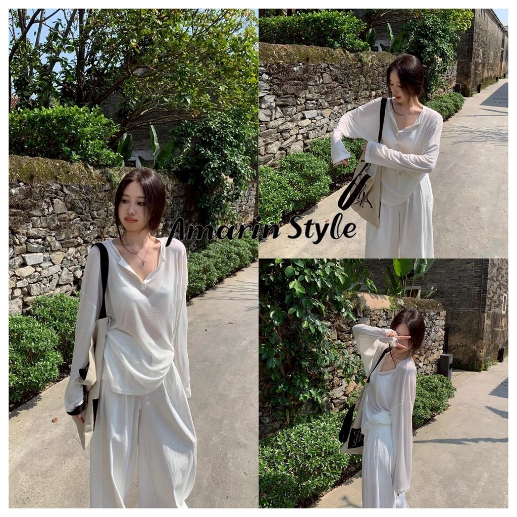 Amarin🌸พร้อมส่ง🌸【เสื้อคอวีแขนยาว】 ดีเทลซีทรู บางเบา ใส่ง่ายสบาย เกิร์ลลี่สไตล์ FY2088