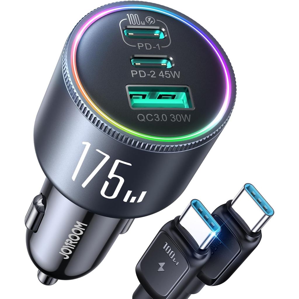 JOYROOM 175W Super Fast Car Charger USB C, 3-Port PD100W+45W+USB30W Type C Car Phone Charger พร้อมสา