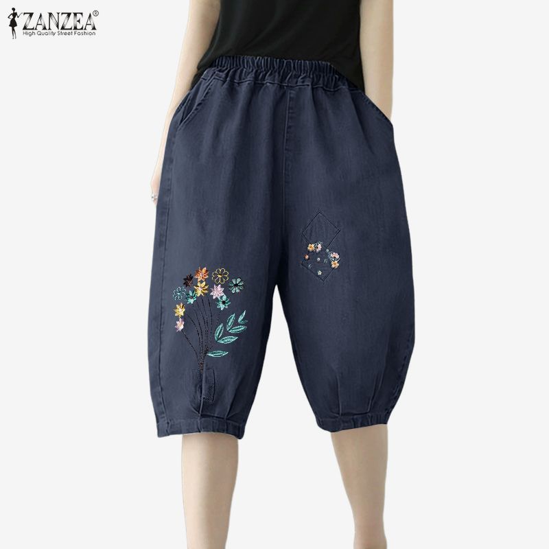 ZANZEA ซานเซีย ผู้หญิงเกาหลีย้อนยุคเอวยางยืดสบายๆดอกไม้เย็บปักถักร้อยกับกระเป๋ากลางความยาวโคมไฟกางเกงขาสั้น