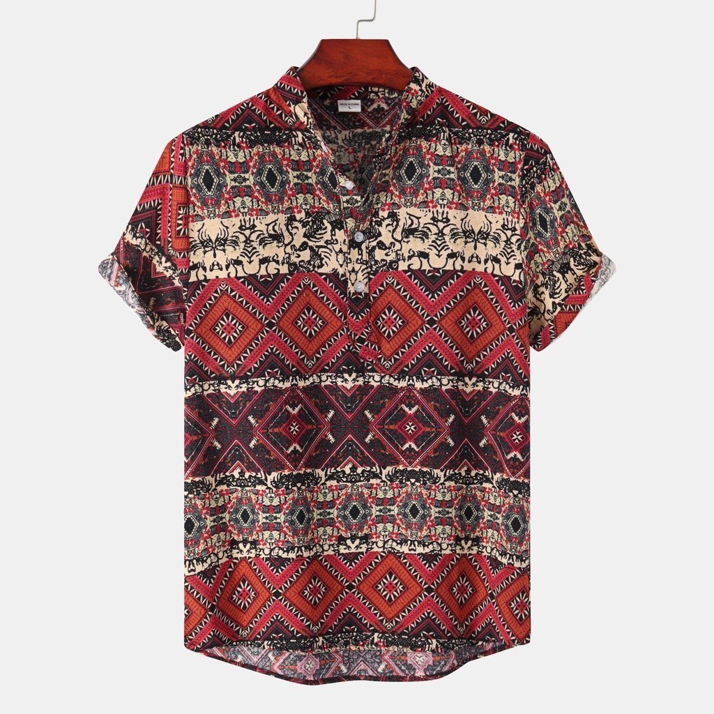 Sum Men เสื้อโปโลเสื้อแขนสั้นพิมพ์ Tie Dye เสื้อ Casual Beachwear ฮาวายหลวมผ้าลินินสไตล์ชาติพันธุ์เส