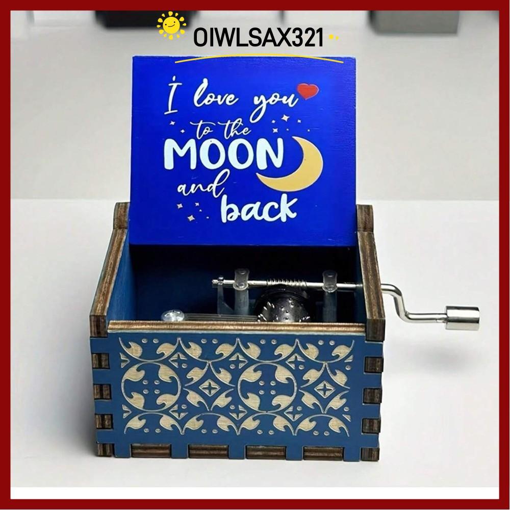 OIWLSAX321 กล่องดนตรีไม้,คลาสสิกดาวแกะสลักกล่องดนตรี,มือหมุนสีฟ้าสุขสันต์วันเกิดแสงหรูหราของขวัญเพลง