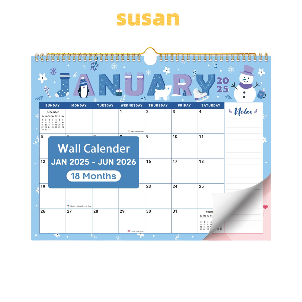 SUSAN ปฏิทินติดผนัง มกราคม 2025 ถึงมิถุนายน 2026 18 ปฏิทินแขวนรายเดือน, ตามฤดูกาลขนาดใหญ่น่ารัก Wall