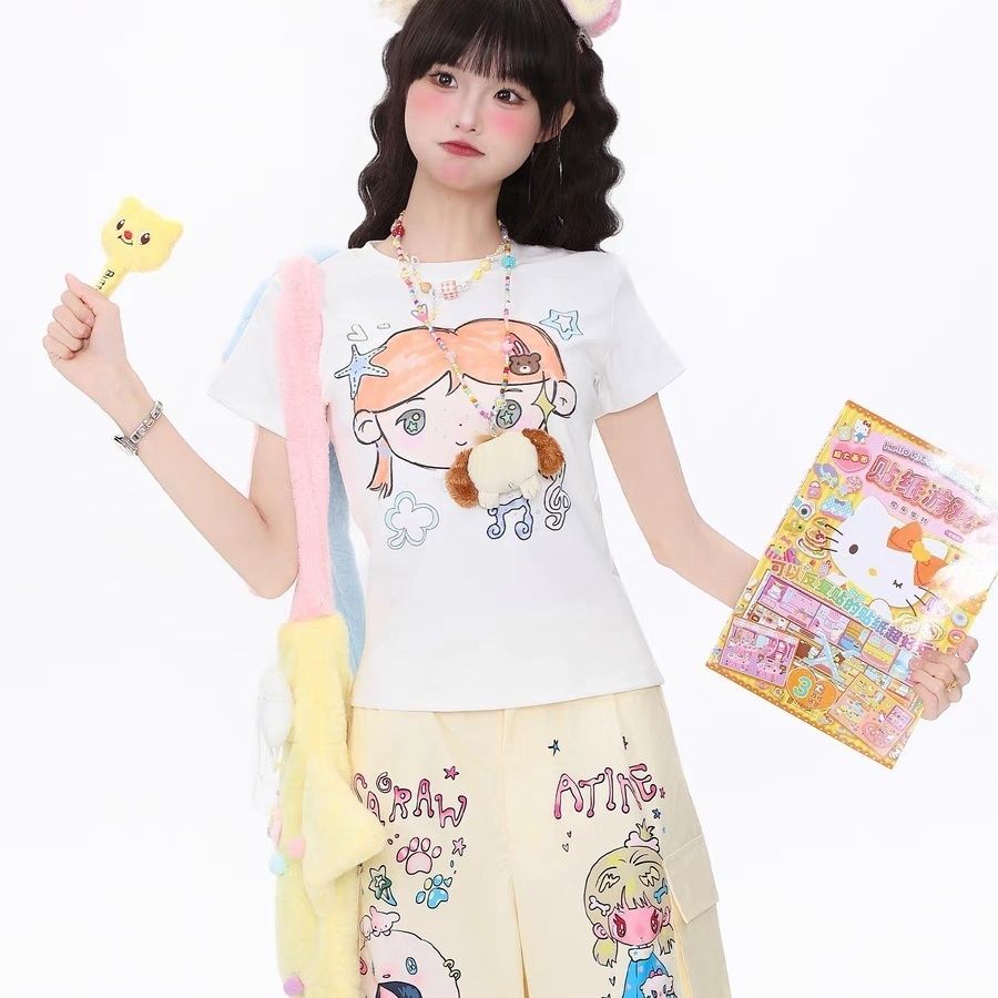 เสื้อยืดแขนสั้นผู้หญิง ลดริ้วรอย ลายพิมพ์เก๋ สไตล์ใหม่ รูปที่ 3