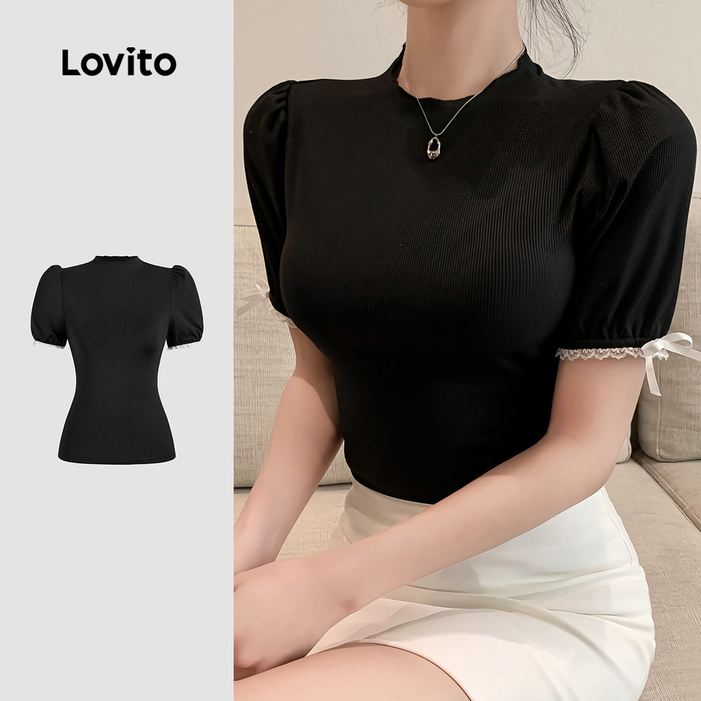 Lovito เสื้อยืดโบว์ลูกไม้สีธรรมดาหรูหราสําหรับผู้หญิง L131ED106