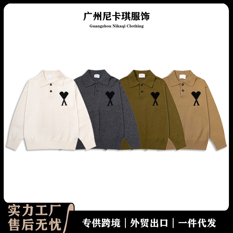 2026 ami K เสื้อถักโปโล Jacquard คอปกหัวใจใหญ่ ขนาดหลวม เสื้อกันหนาวแขนยาว