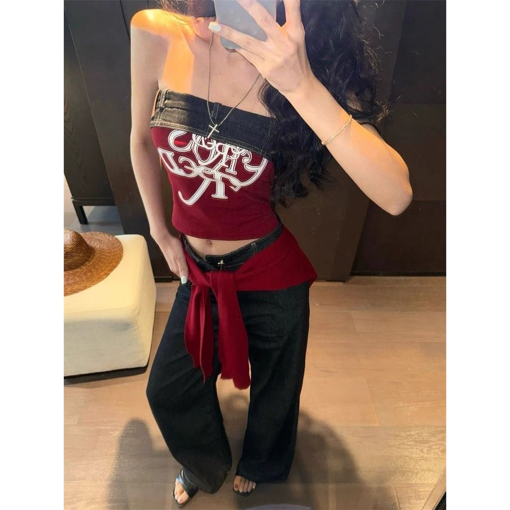 MYCASSI Womens Tube Top Denim Patch Street Style Tube Top สําหรับผู้หญิง
