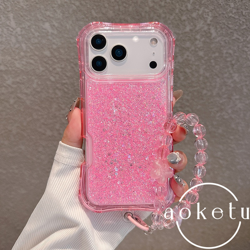 เหมาะสําหรับ แอปเปิล 17โปรแม็กซ์ เคสโทรศัพท์กลิตเตอร์สีชมพูเอวเล็ก 16 สามในหนึ่งเดียว 14 หน้าจอสูง 13 รวมทุกอย่าง 12 ป้องกันการตก 11 พร้อมสร้อยข้อมือซิลิโคน 17อากาศ เคสก