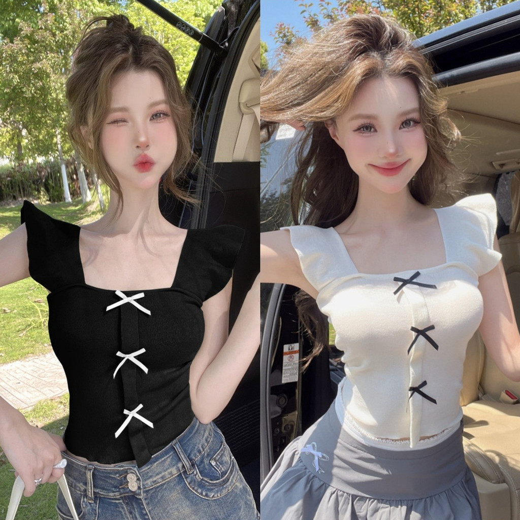 Anne เสื้อกล้าม ไหมพรม แต่งแขนระบาย โบว์ สลิมฟิต แขนกุด เสื้อครอป สไตล์ลำลอง เกาหลี น่ารักๆ #AC05