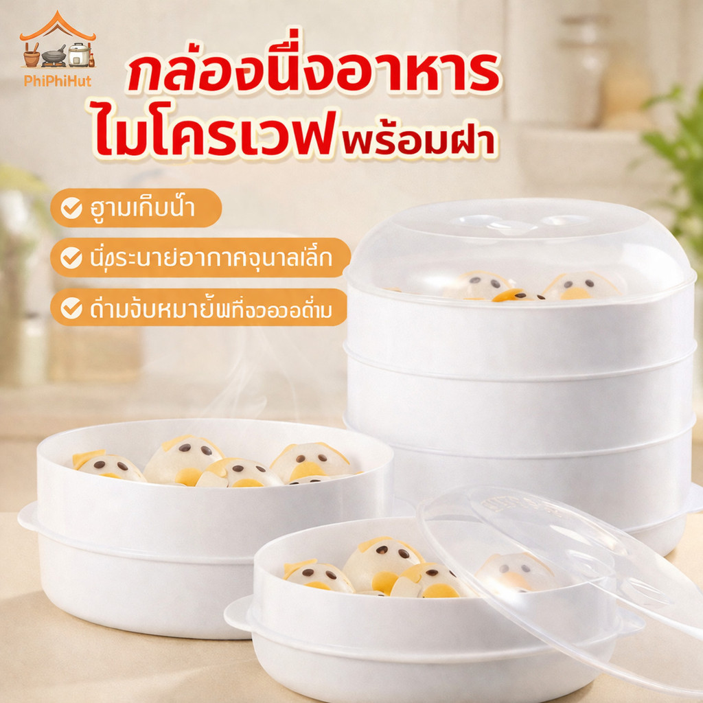 PPH กล่องนึ่งอาหารไมโครเวฟพร้อมฝา เกรดอาหาร ป้องกันอาหารกระเด็นในไม