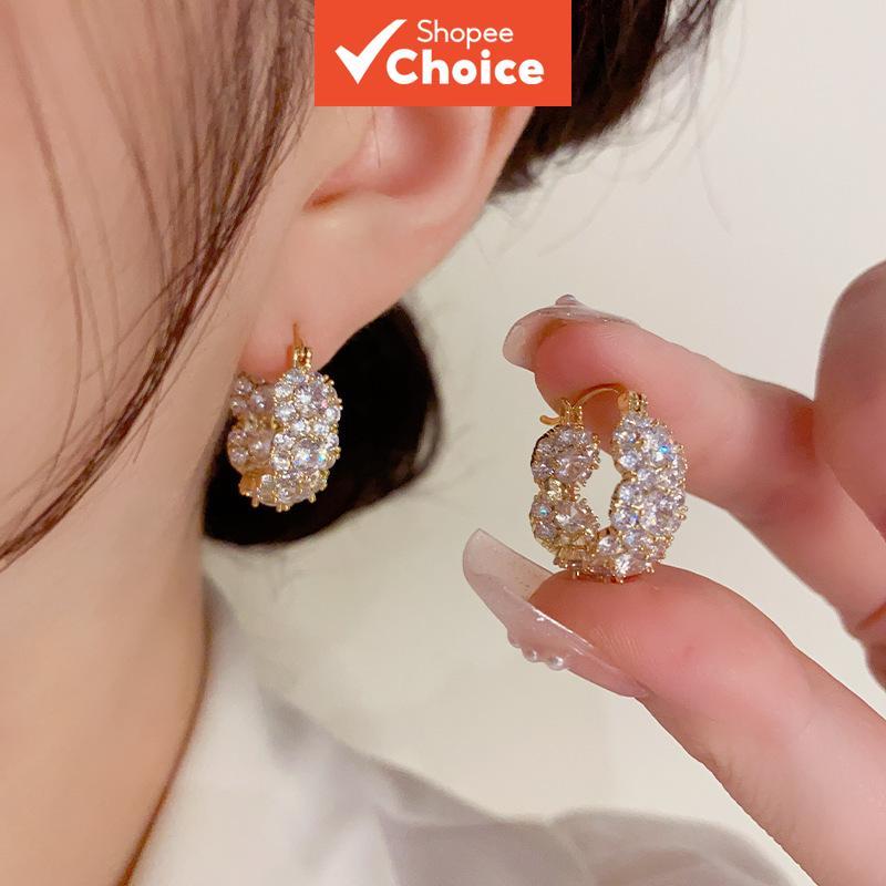 ต่างหูห่วงเงา Sparkle Cubic Zirconia ข้อมือกลม ดีไซน์หรูหราเกาหลี