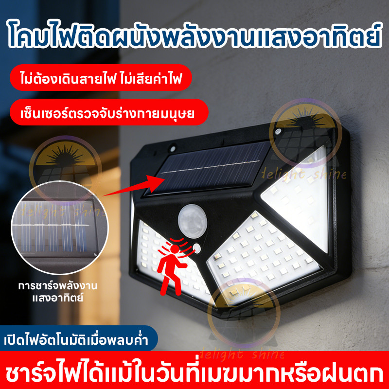 โคมไฟโซล่าเซลล์ โคมไฟผนังพลังงานแสงอาทิตย์ โคมไฟโซล่าเซลล์ติดผนัง กันน้ำIP65 ความสว่างสูงสามด้าน 0ค่าไฟฟ้า