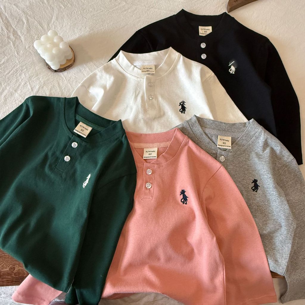 เสื้อยืดแขนยาวสีทึบในสไตล์เกาหลี สำหรับเด็กชายและหญิง แบบแฟชั่น เสื้อคอกลม ไซส์เล็กที่สุด
