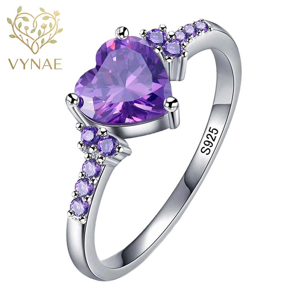 VYNAE JEWELRY S925 Silver Plated Heart Amethyst Ring for Women, Sparkling Purple Zircon Fashion Ring, Elegant Daily Wear & Birthday Gift Jewelry