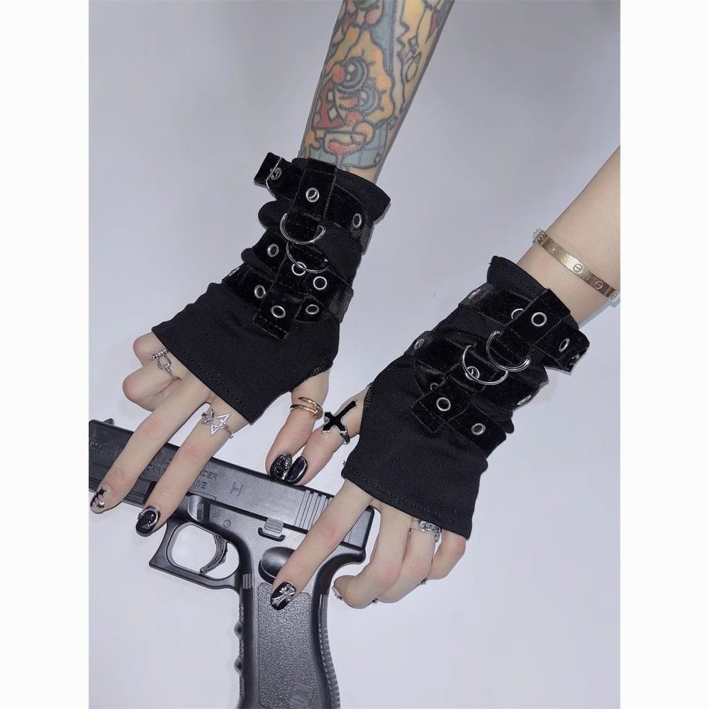 ถุงมือ Y2K Laced-Up โลหะ สไตล์ STREET COS PUNK GOTHIC