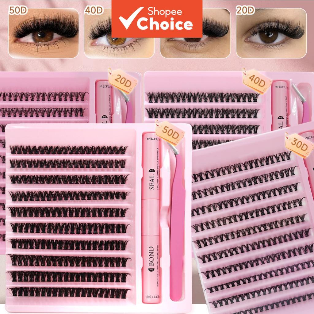 DIY ชุดต่อขนตา 20D 30D 40D Cluster Lashes 8-16 มม. Volume D Curly 3D Wispy Effect รวม Bond Seal และ Tweezer
