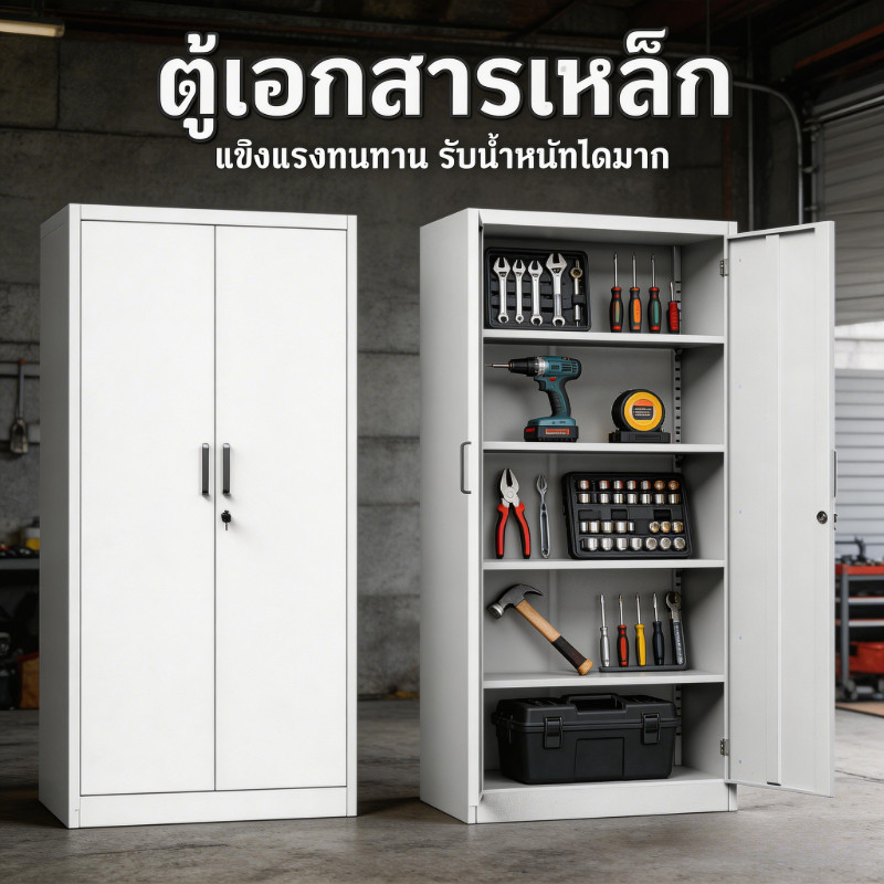 ตู้เหล็กบานสองพร้อมล็อค สำหรับบ้านอันอบอุ่น ชั้นวางหลายชั้นสีขาว สำหรับจัดเก็บเอกสารในออฟฟิศ เครื่องมือในโรงงาน และของใช