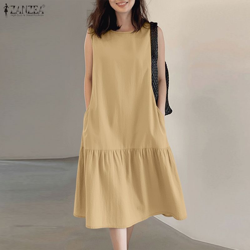 Zanzea ผู้หญิงเกาหลี Minimalist หลวมกระเป๋าด้านข้าง Ruffled สีทึบรอบคอแขนกุด — صورة 5