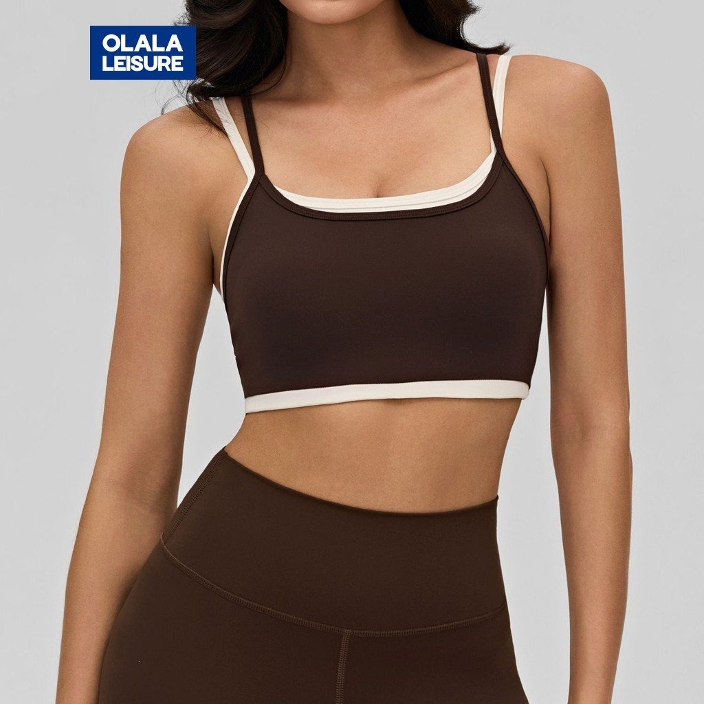สปอร์ตบรา ปลอมสองชิ้นออกกําลังกายด้านบน Criss Cross Back Yoga พร้อมสายรัดคู่และปิดกั้นสี